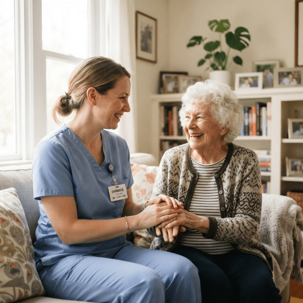 Une infirmière avec une personne âgée à domicile